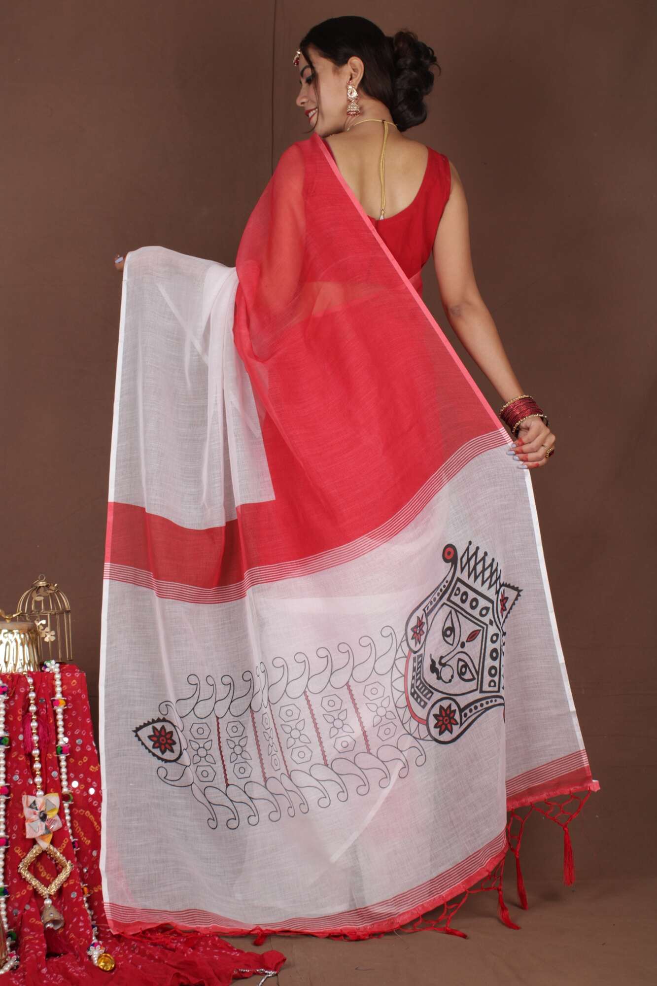 One Minute Bengal Tant Red & White Ready to Wear Saree With Ready Made Blouse - Isadora Life Online Shopping Store