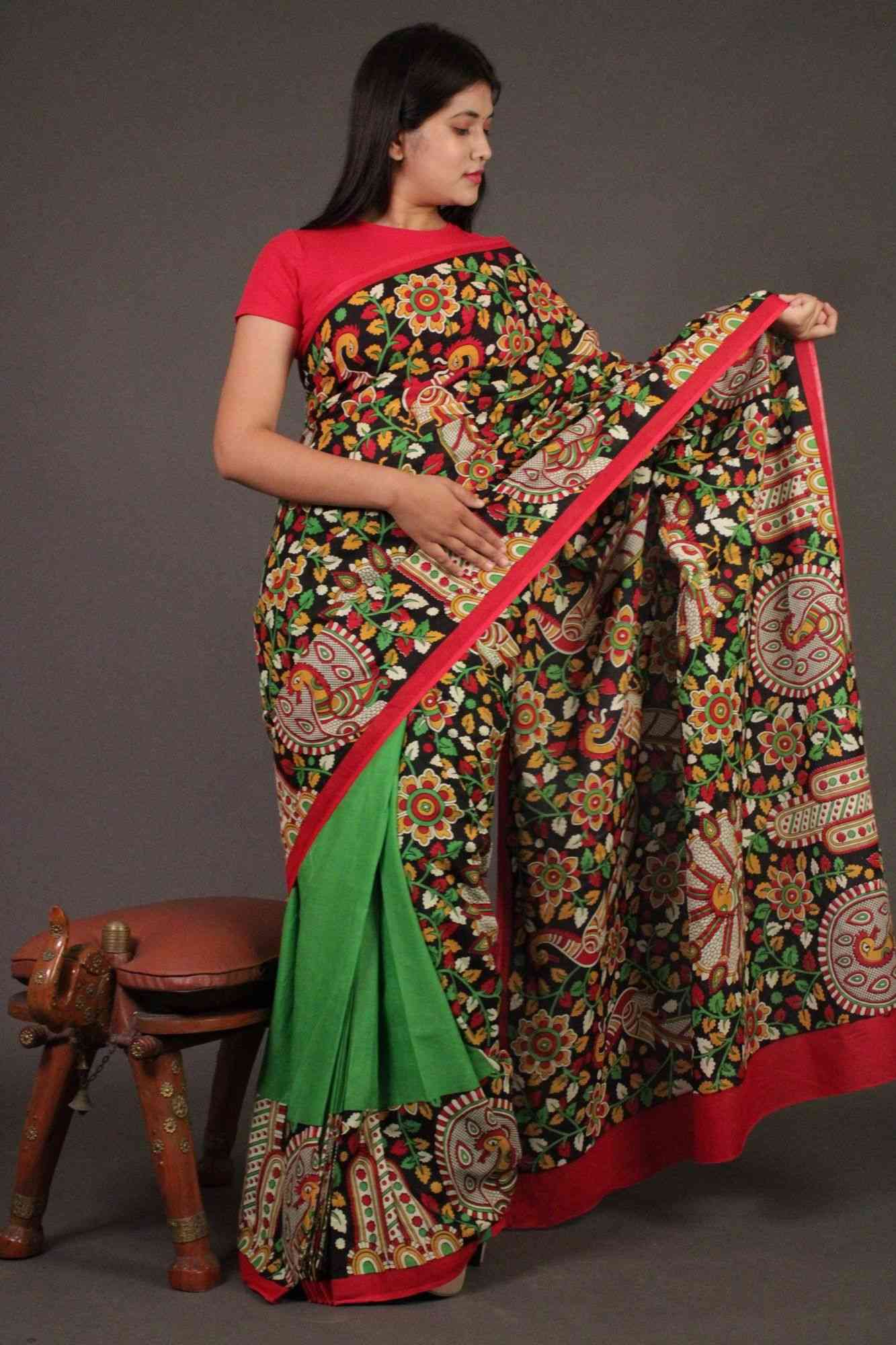 Green and madhubani printed cotton mul mul half and half wrap in 1 minute saree - Isadora Life Online Shopping Store