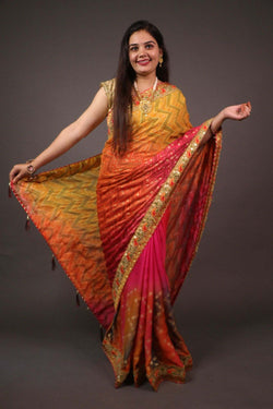 Beautiful gota patti bandhani wrap in 1 minute saree with tassels in pallu - Isadora Life Online Shopping Store