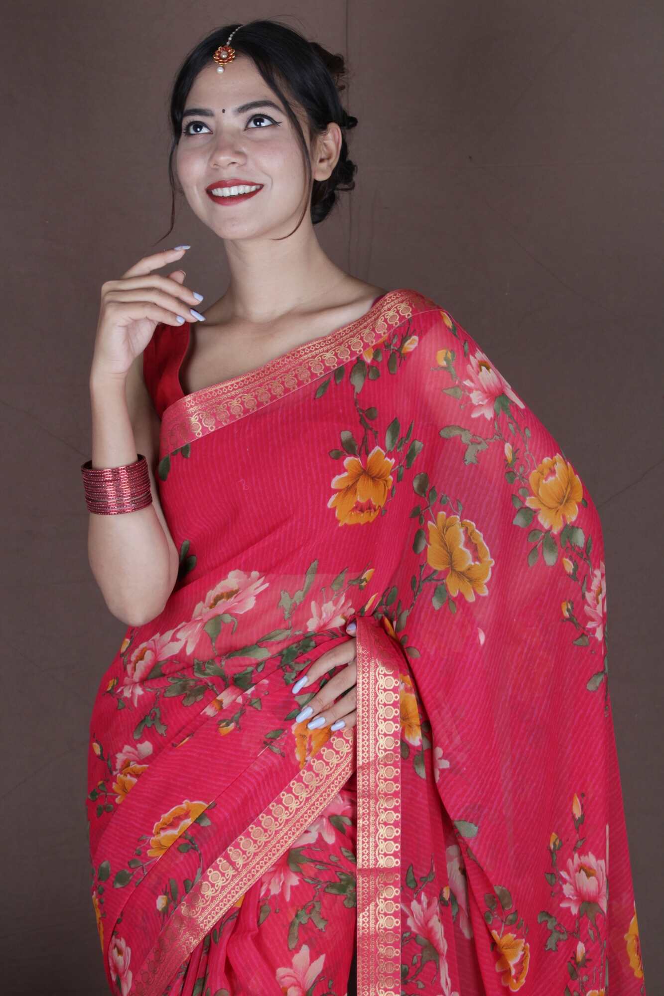 Wrap in 1 Minute Red Georgette Flower Printed with Lace Border Ready to Wear Saree With Ready Made Blouse - Isadora Life Online Shopping Store