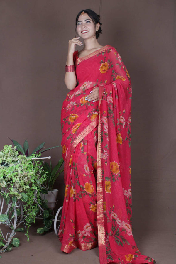 Wrap in 1 Minute Red Georgette Flower Printed with Lace Border Ready to Wear Saree With Ready Made Blouse - Isadora Life Online Shopping Store