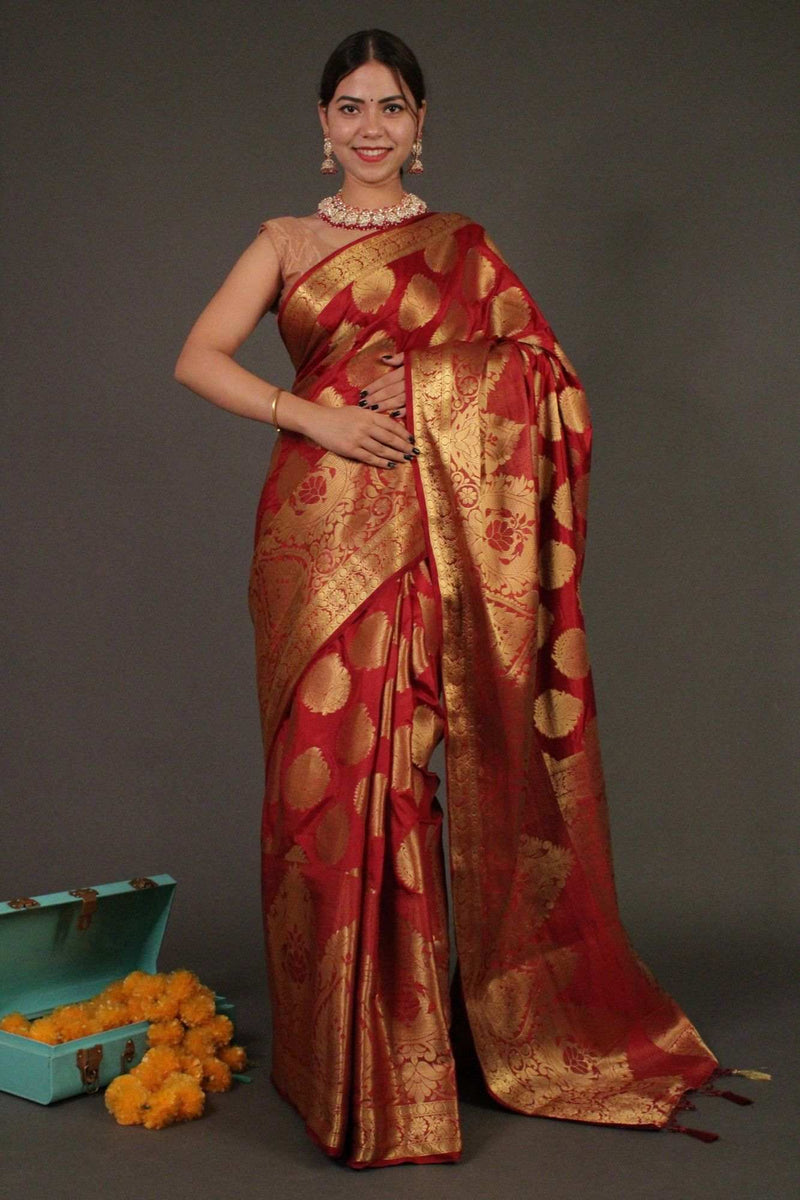 Maroon Zari Woven Kanjivaram weave crepe silk Wrap in 1 minute saree - Isadora Life Online Shopping Store