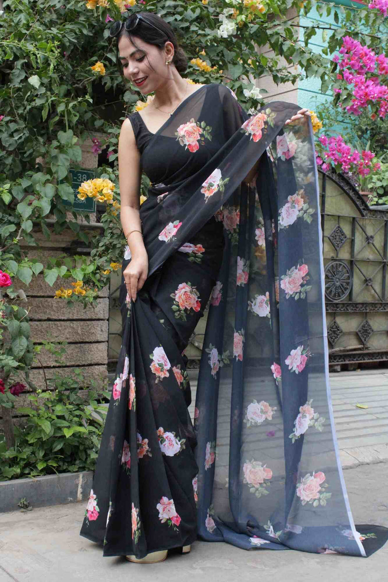Floral Print Black Georgette Wrap in 1 minute saree with ready blouse - Isadora Life Online Shopping Store