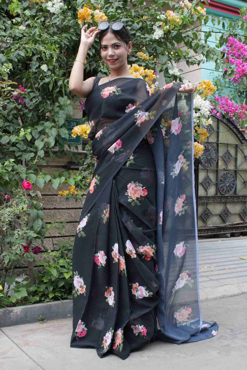 Floral Print Black Georgette Wrap in 1 minute saree with ready blouse - Isadora Life Online Shopping Store