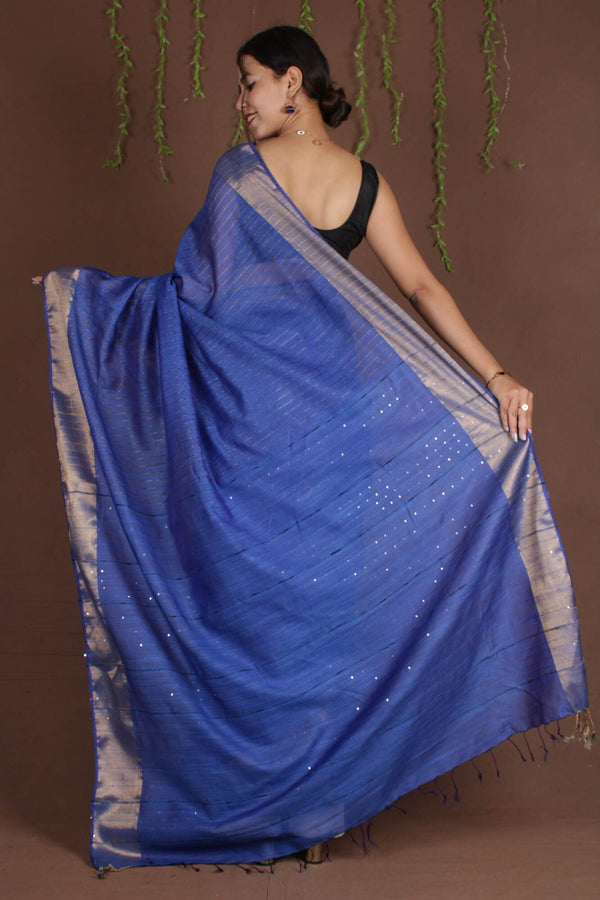 Blue bhagalpuri cotton silk with sequins all over pallu Wrap in 1 minute saree - Isadora Life Online Shopping Store