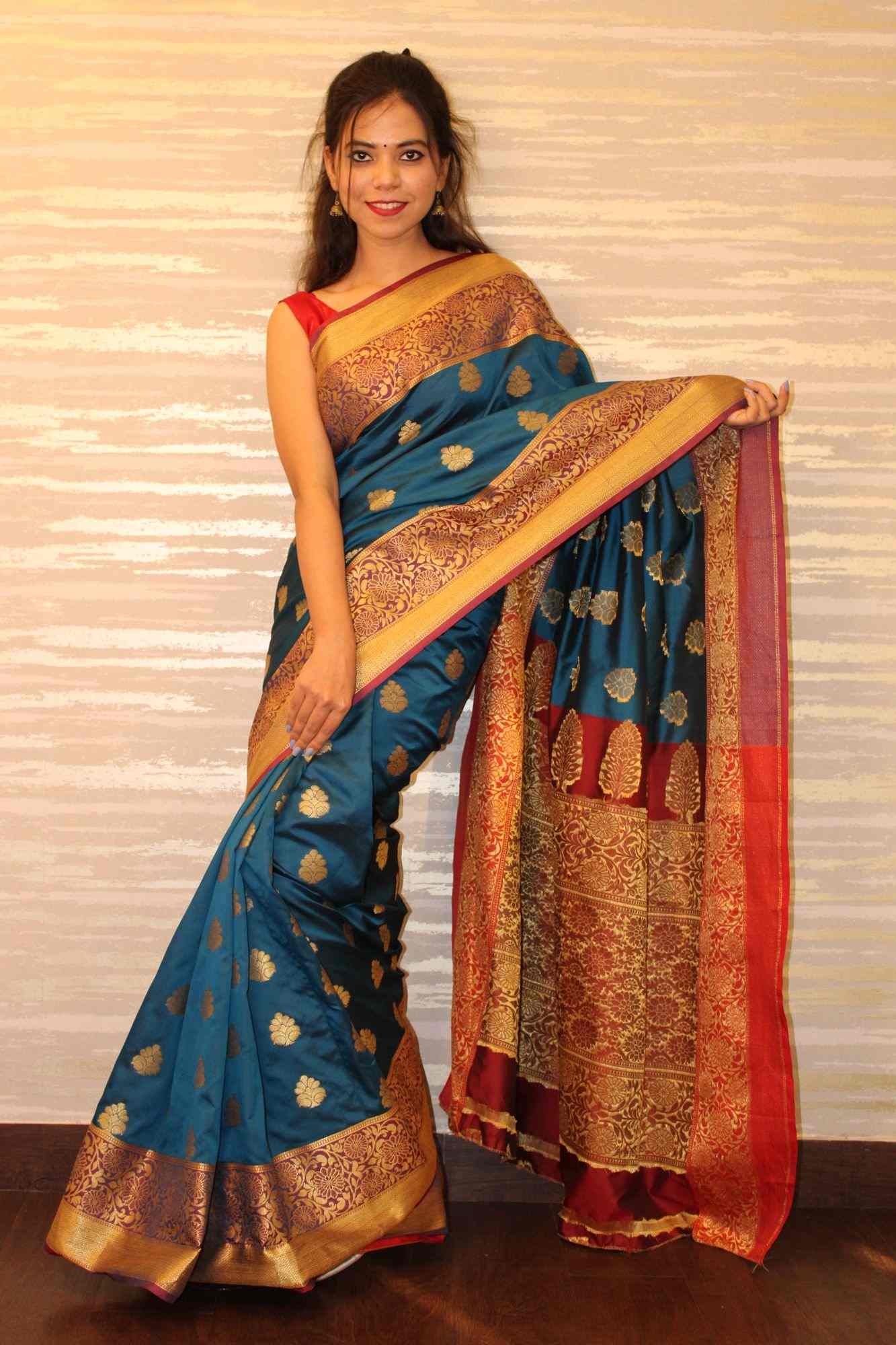 Turquoise blue kanchipuram wrap in 1 minute saree - Isadora Life Online Shopping Store