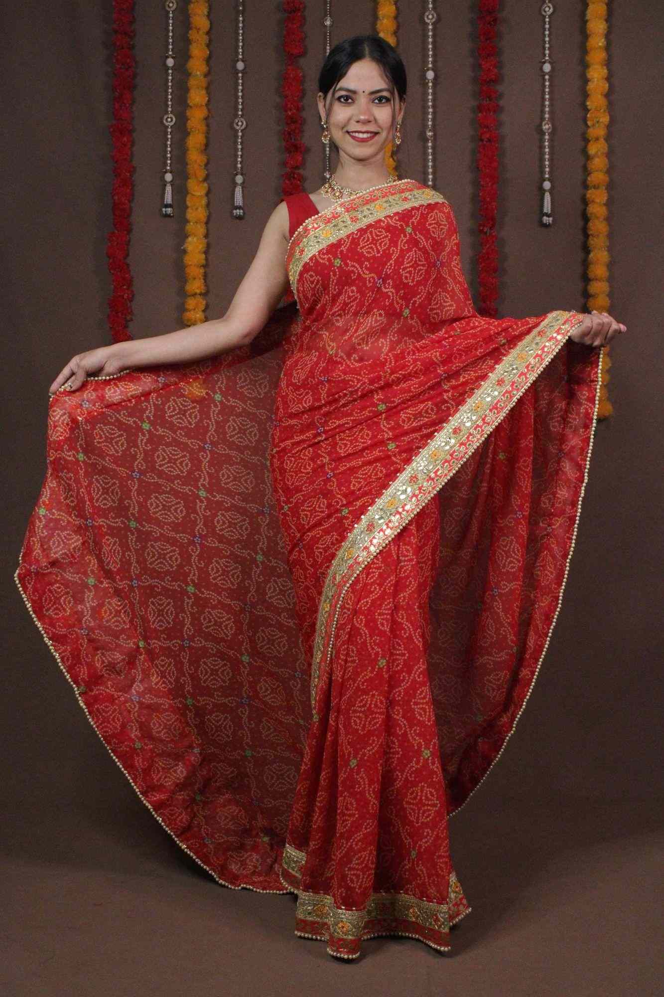 Red Bandhani Gotta Patti Bandhani Wrap in 1 minute saree - Isadora Life Online Shopping Store