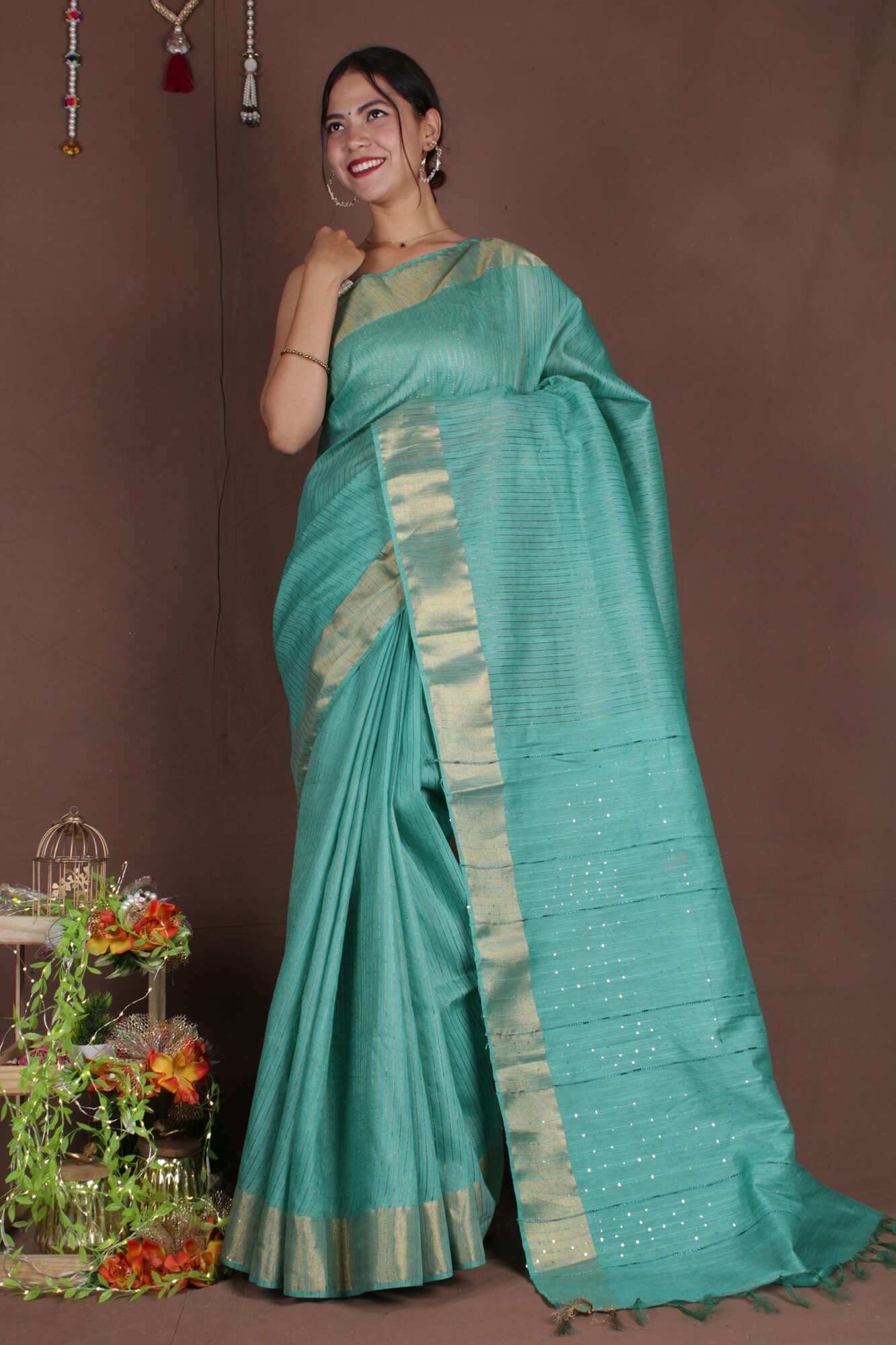 Olive green bhagalpuri cotton silk with sequinned pallu Wrap in 1 minute Saree - Isadora Life Online Shopping Store