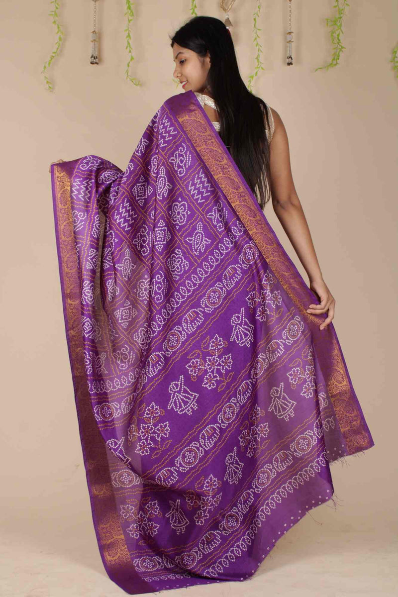 Beautiful Purple Bandhani Printed  with Zari Lace Border Wrap in 1 minute saree with Readymade Blouse - Isadora Life Online Shopping Store