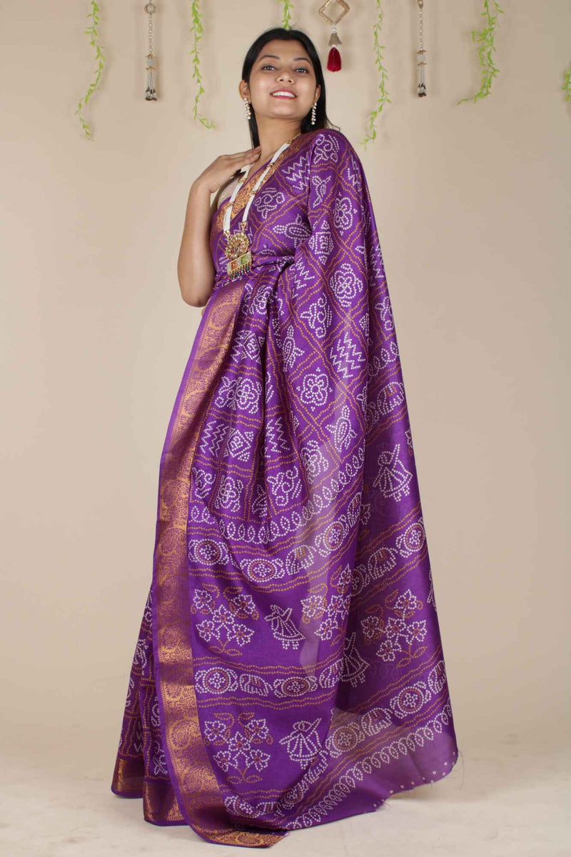 Beautiful Purple Bandhani Printed  with Zari Lace Border Wrap in 1 minute saree with Readymade Blouse - Isadora Life Online Shopping Store