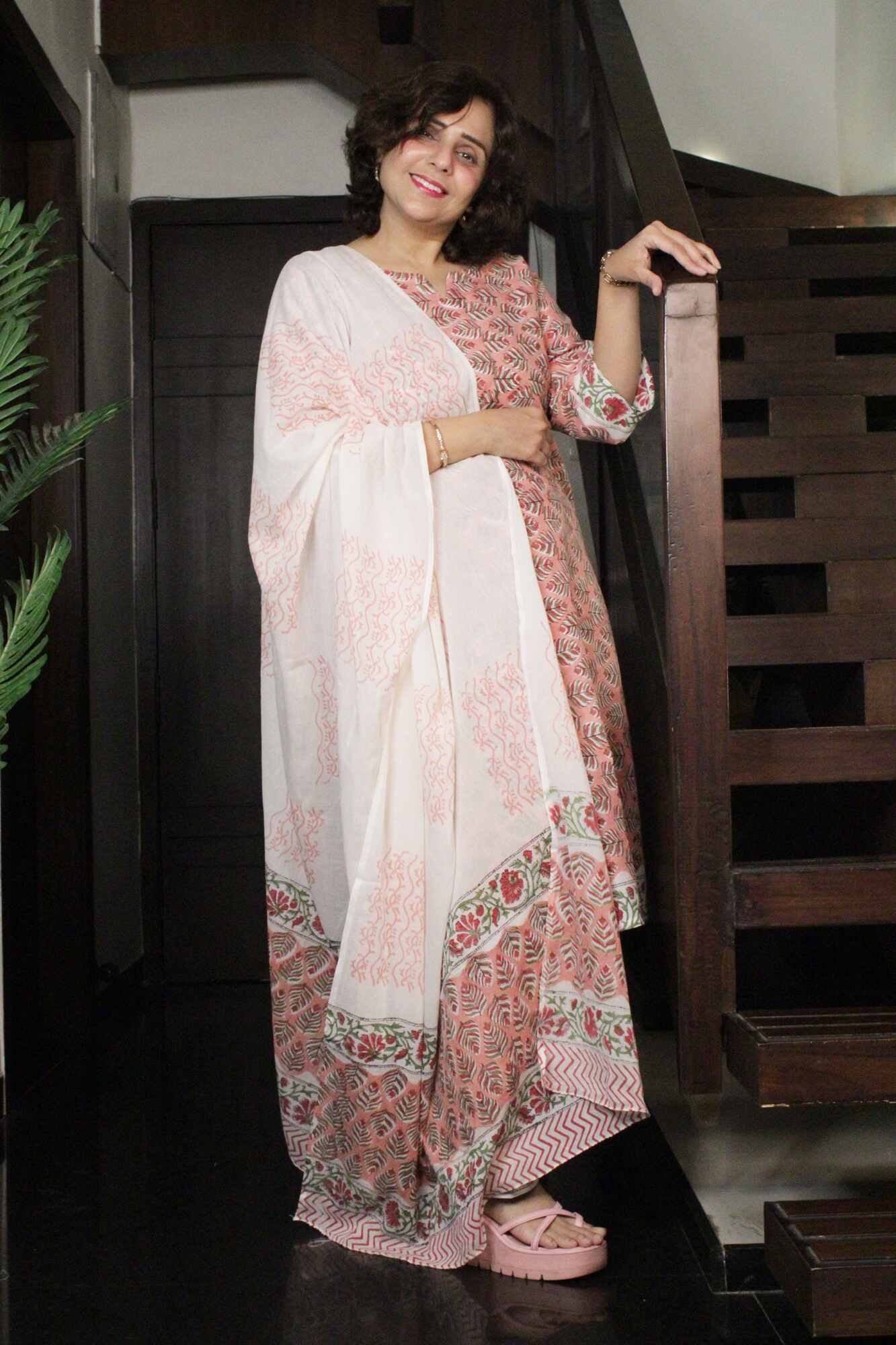 White-Peach Printed Cotton Ready to wear Salwar-Kameez with Dupatta - Isadora Life Online Shopping Store