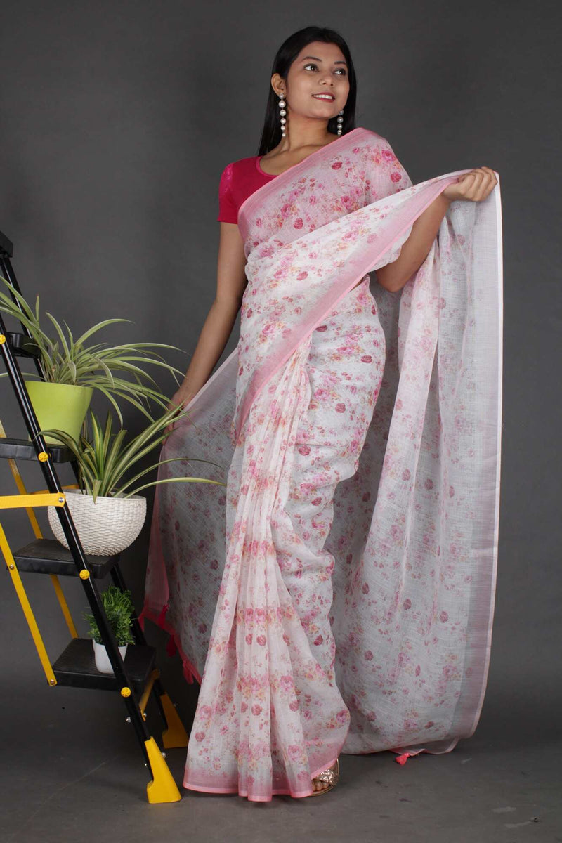 Artistic Floral Linen Digital Printed With Silver Weaving Border Wrap in 1 Minute Saree With Readymade Blouse - Isadora Life Online Shopping Store