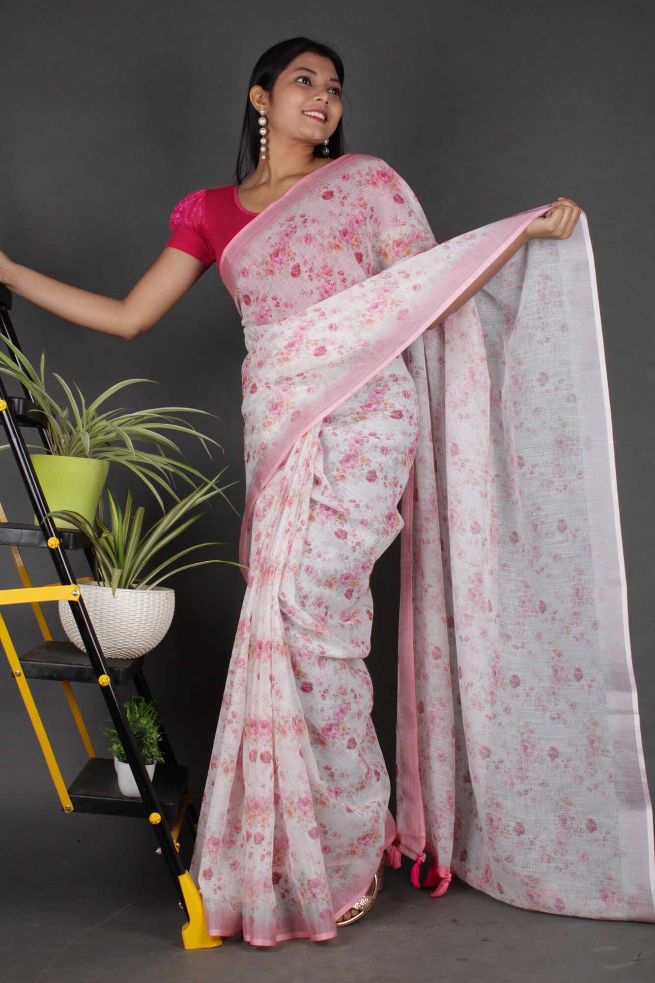 Pink Linen Easy/Readymade Saree
