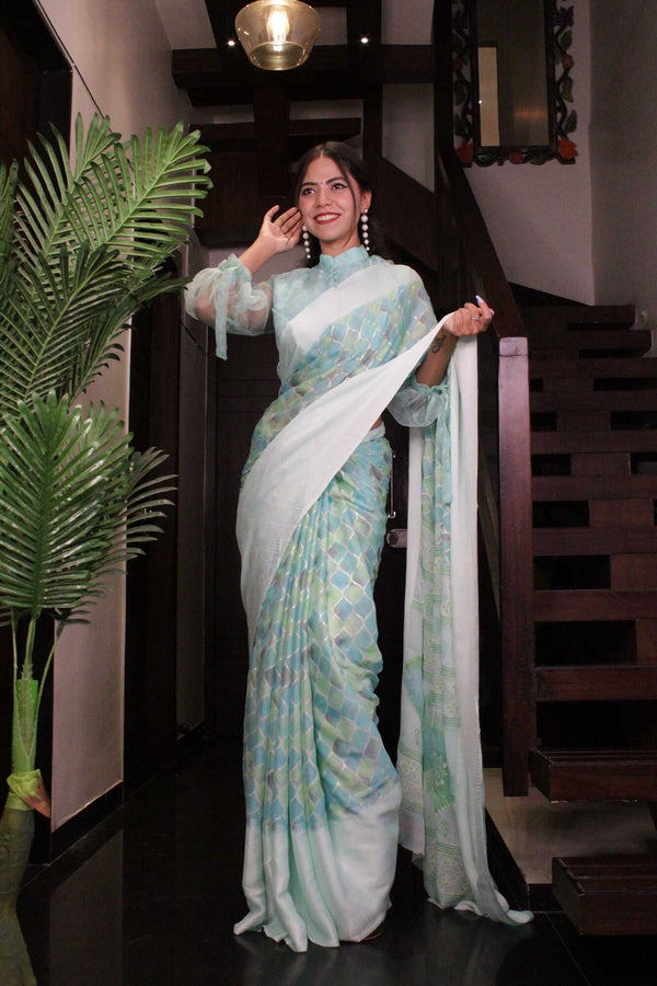 Ready To Wear Aquamarine Jaal Moss Chiffon Printed Wrap in one minute saree - Isadora Life Online Shopping Store
