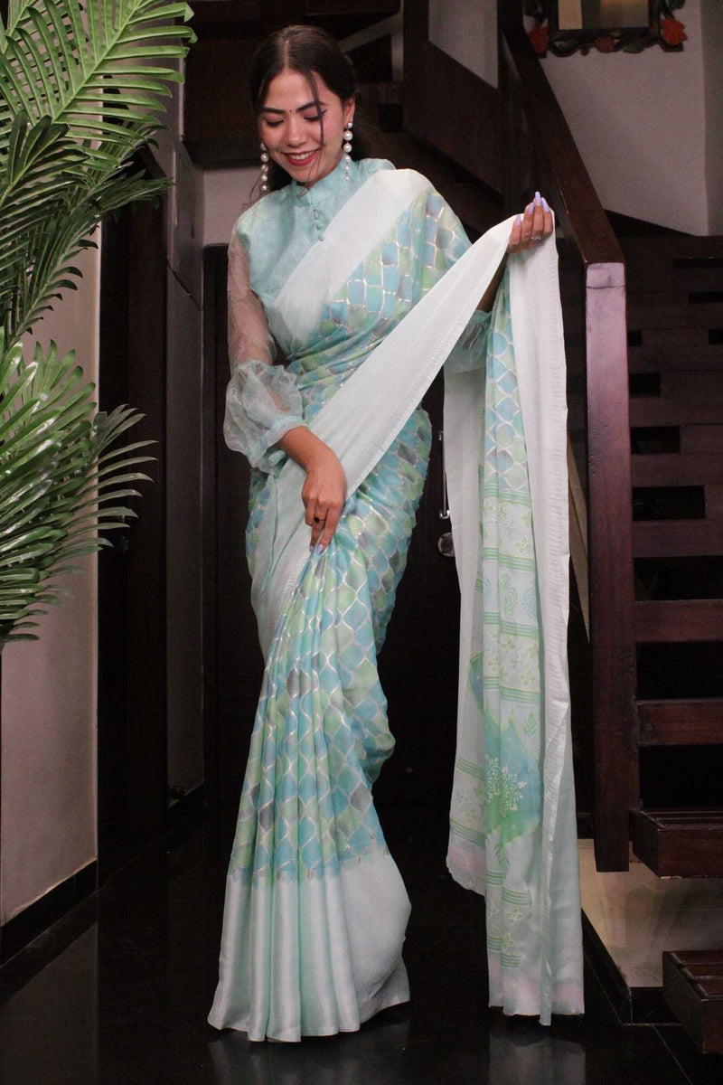 Ready To Wear Aquamarine Jaal Moss Chiffon Printed Wrap in one minute saree - Isadora Life Online Shopping Store
