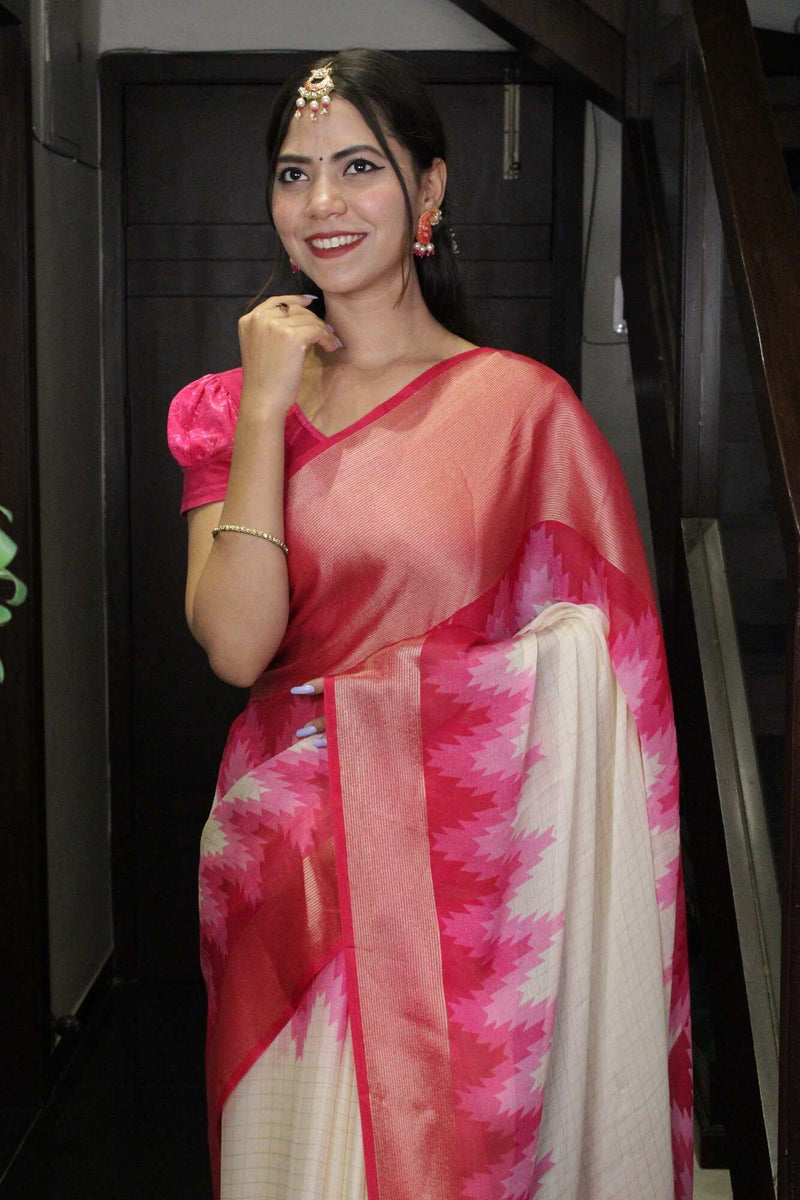 Ready To Wear Pink & Off-White Checked Moss Chiffon With Designer Printed Pallu Wrap in 1 minute saree - Isadora Life Online Shopping Store