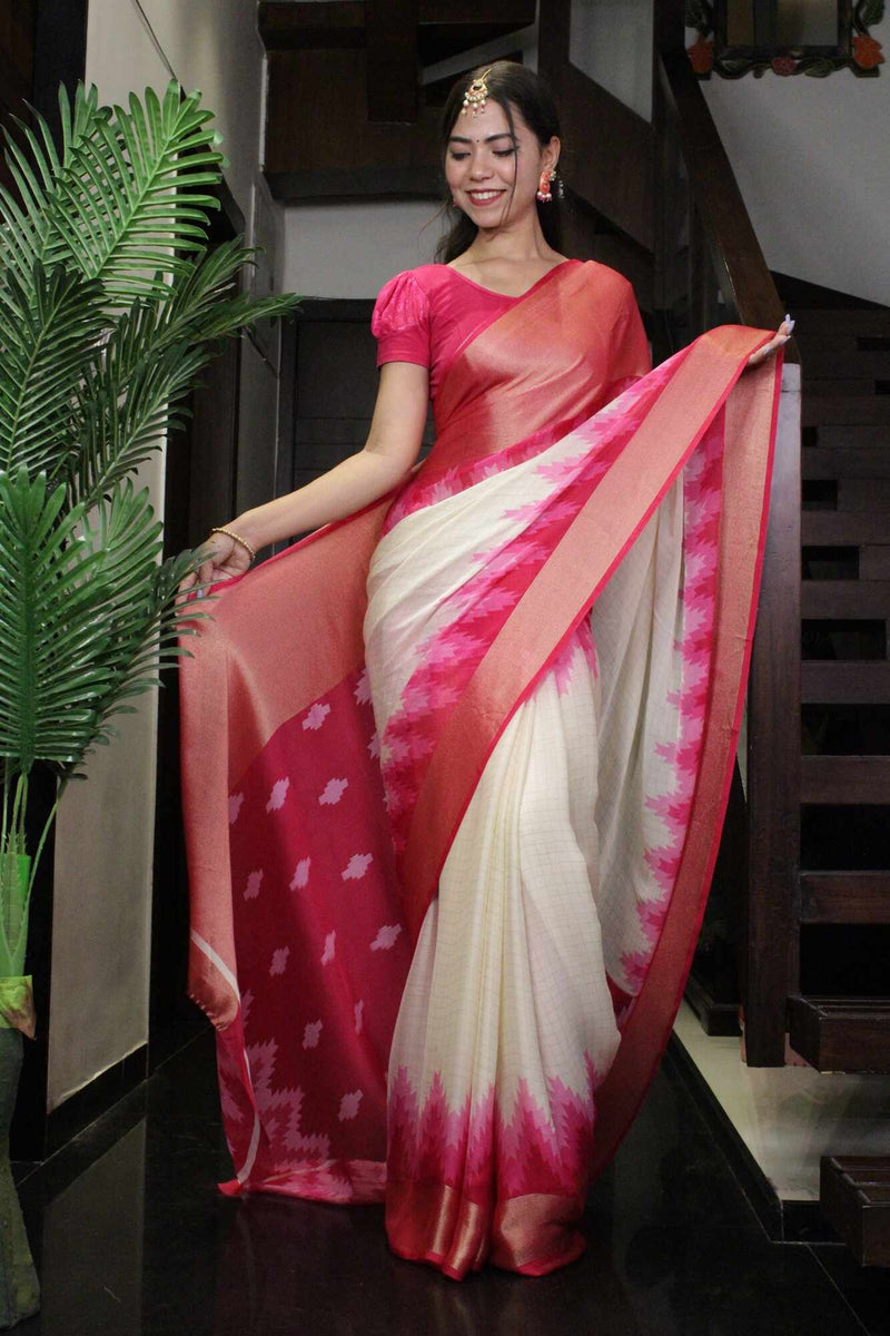 Ready To Wear Pink & Off-White Checked Moss Chiffon With Designer Printed Pallu Wrap in 1 minute saree - Isadora Life Online Shopping Store
