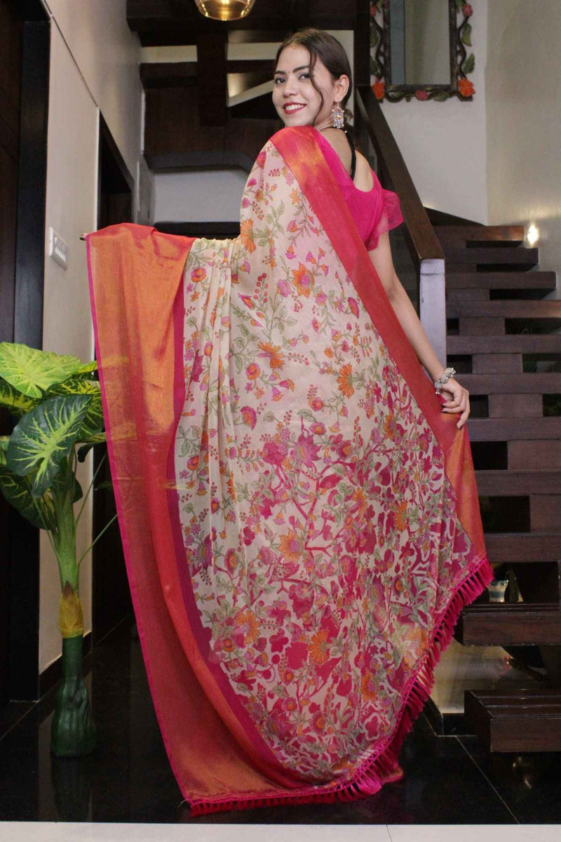 Moss Chiffon Floral Printed with Broad Woven Zari Border Wrap in 1 minute saree - Isadora Life Online Shopping Store