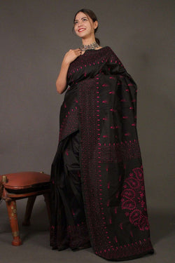 Black Kantha Stitched Embroidered all over Wrap in 1 minute saree - Isadora Life Online Shopping Store