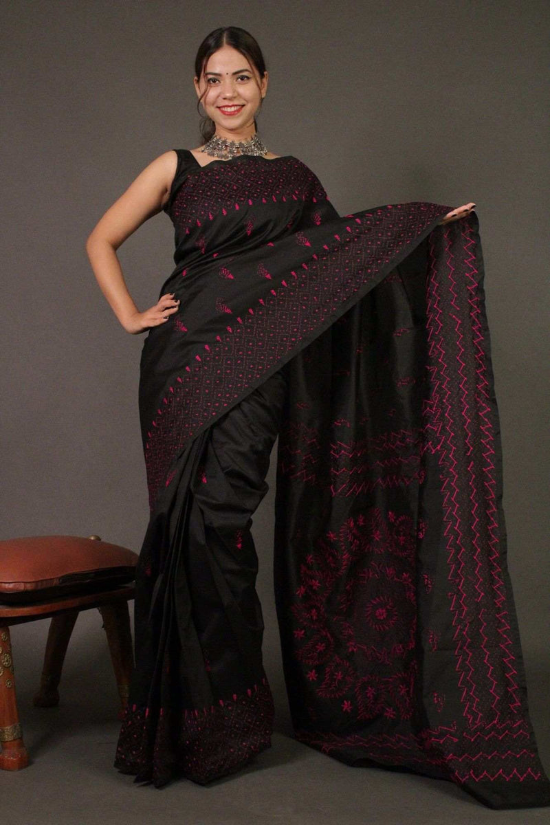 Black Kantha Stitched Embroidered all over Wrap in 1 minute saree - Isadora Life Online Shopping Store