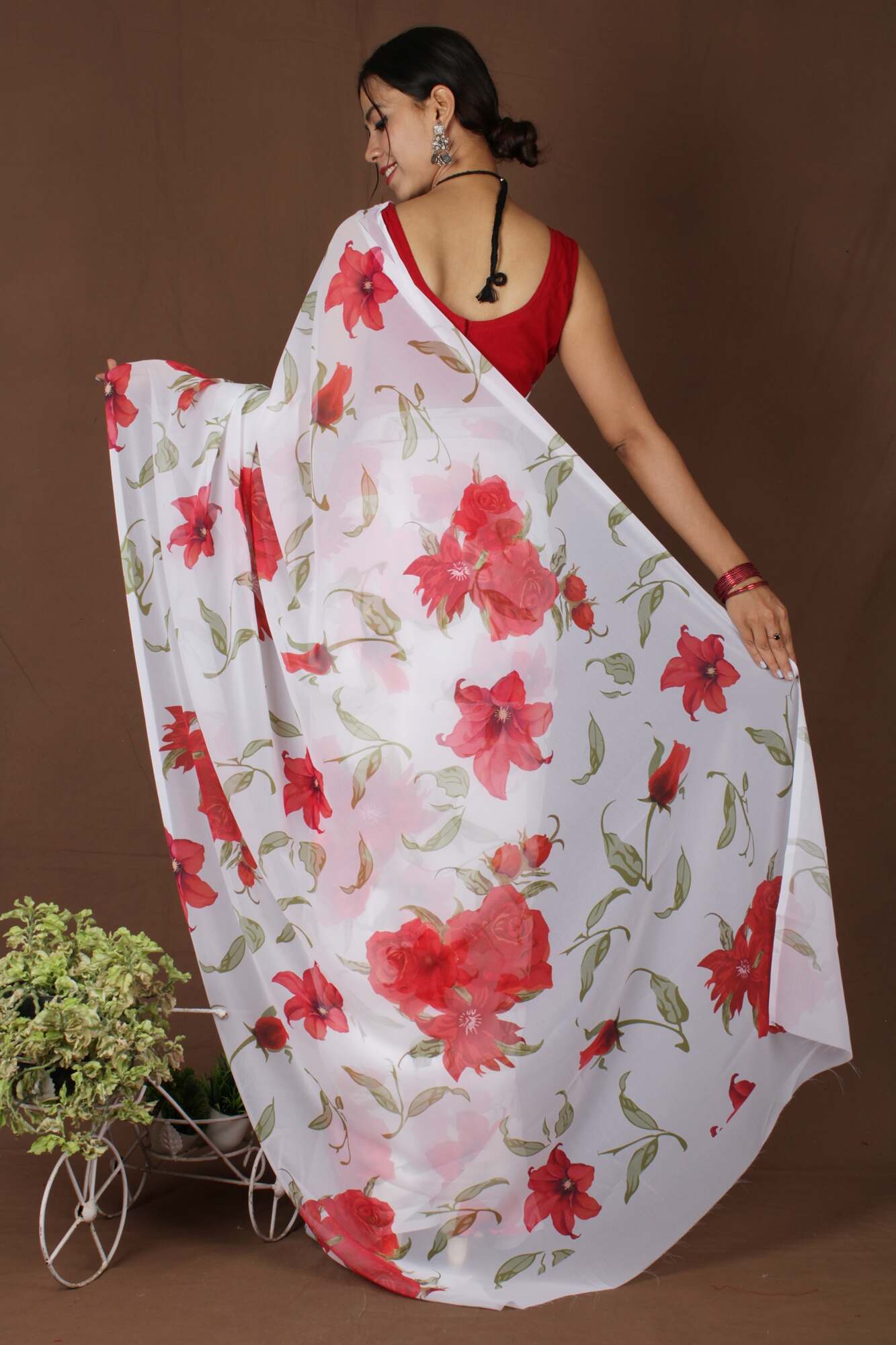 Wrap in 1 Minute White With Red Floral Georgette ready to wear saree with ready made blouse - Isadora Life Online Shopping Store