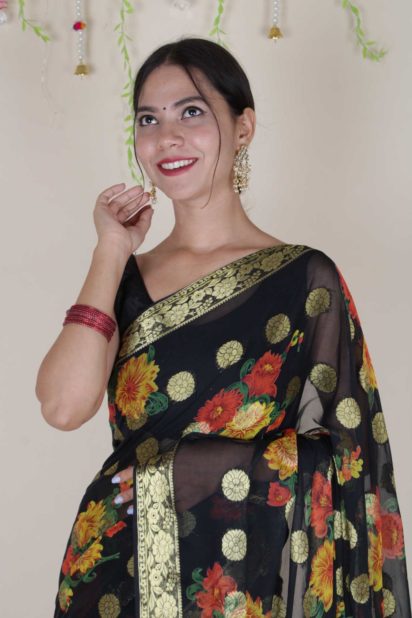 Beautiful Black Floral painted chiffon with Boota all over  one minute ready made saree and readymade blouse - Isadora Life Online Shopping Store