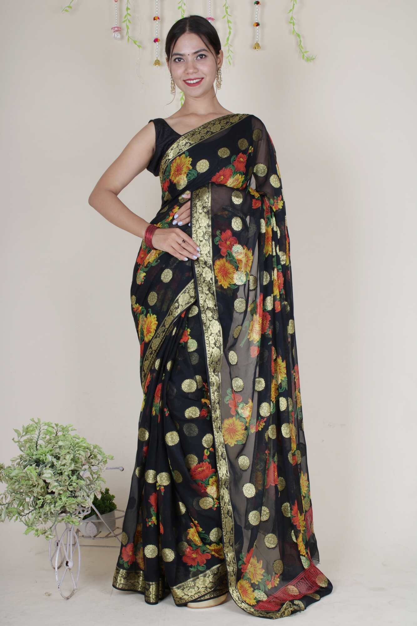 Beautiful Black Floral painted chiffon with Boota all over  one minute ready made saree and readymade blouse - Isadora Life Online Shopping Store