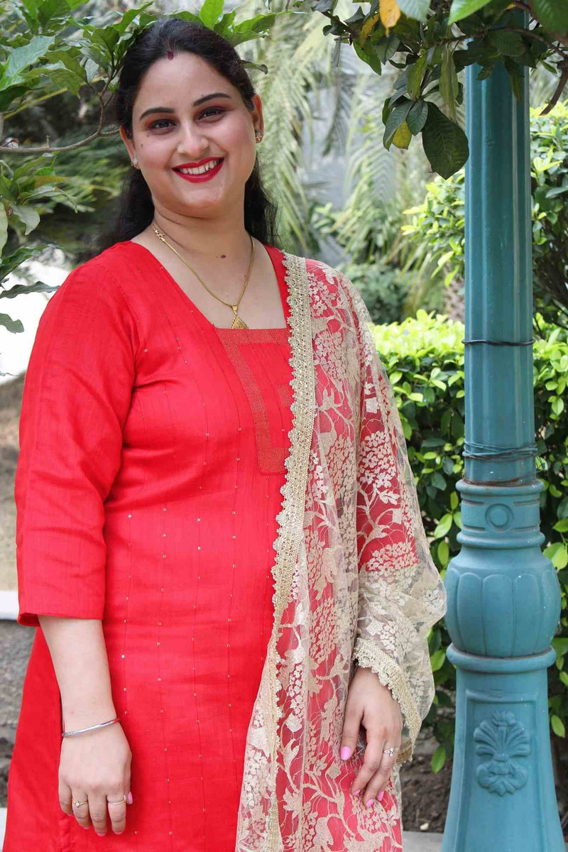 Festive Red cotton silk with sequins all over readymade kurta - Isadora Life Online Shopping Store