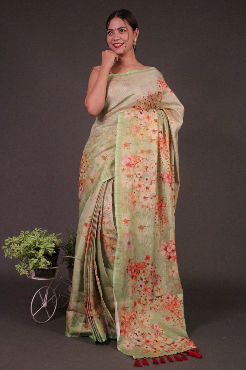 Classy Olive Green Art Silk Floral Printed Wrap in 1 minute saree with Tassels in Pallu - Isadora Life Online Shopping Store