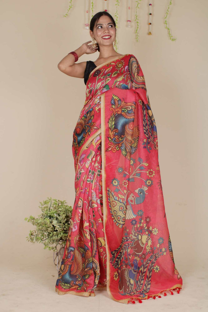 Ready To Wear Elegant Red Kalamkari Printed Cotton Linen Wrap in 1 minute saree With Readymade Blouse - Isadora Life Online Shopping Store