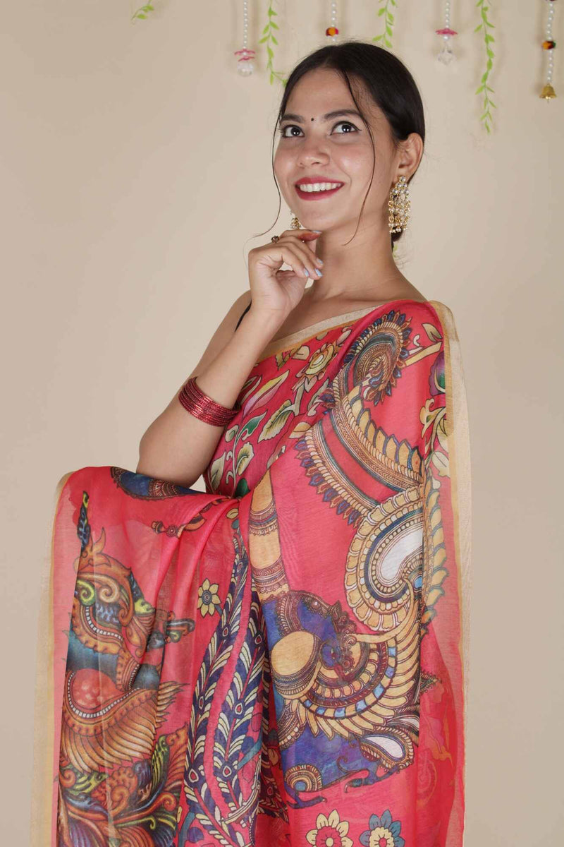 Ready To Wear Elegant Red Kalamkari Printed Cotton Linen Wrap in 1 minute saree With Readymade Blouse - Isadora Life Online Shopping Store