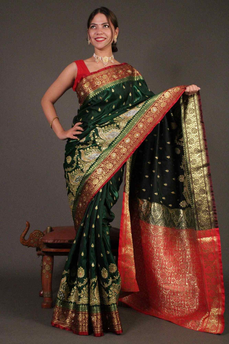 Beautiful Teej Special - Heavy Banarasi Satin with Sequins and Stone work and zari embroidery all over rich pallu wrap in 1 minute saree - Isadora Life Online Shopping Store
