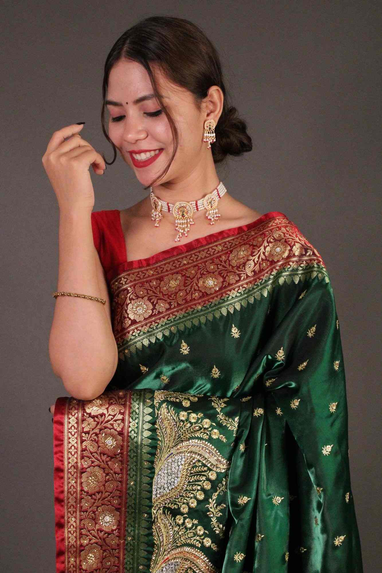 Beautiful Teej Special - Heavy Banarasi Satin with Sequins and Stone work and zari embroidery all over rich pallu wrap in 1 minute saree - Isadora Life Online Shopping Store