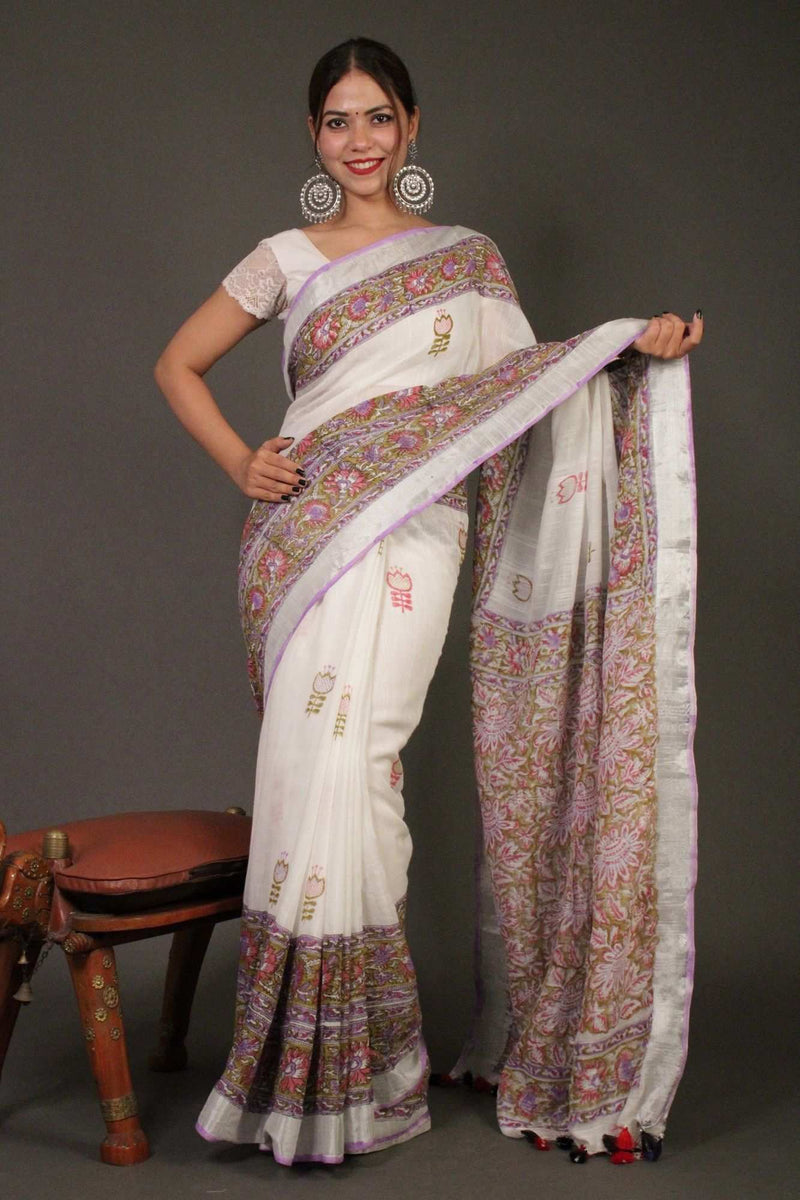 Cool and comfortable linen cotton vegetable dye printed  with Silver Zari Border Wrap in 1 minute saree - Isadora Life Online Shopping Store