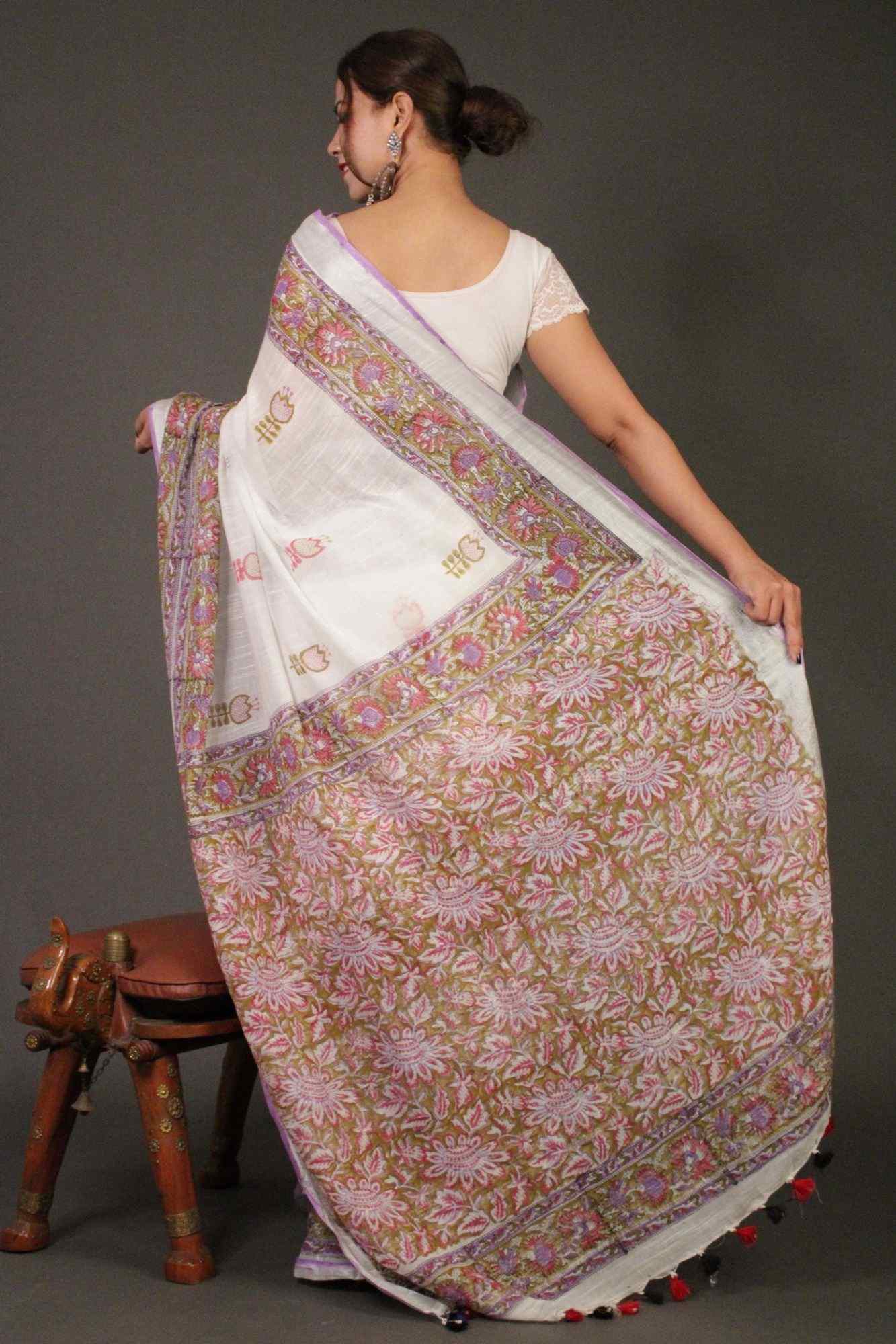 Cool and comfortable linen cotton vegetable dye printed  with Silver Zari Border Wrap in 1 minute saree - Isadora Life Online Shopping Store