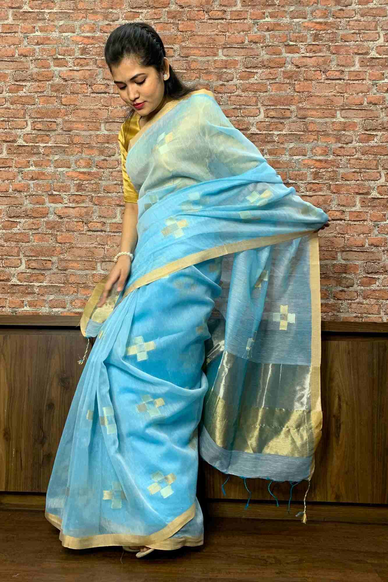 Light Blue Khadi linen with zari butis & zari pallu wrap in 1 minute sari - Isadora Life Online Shopping Store