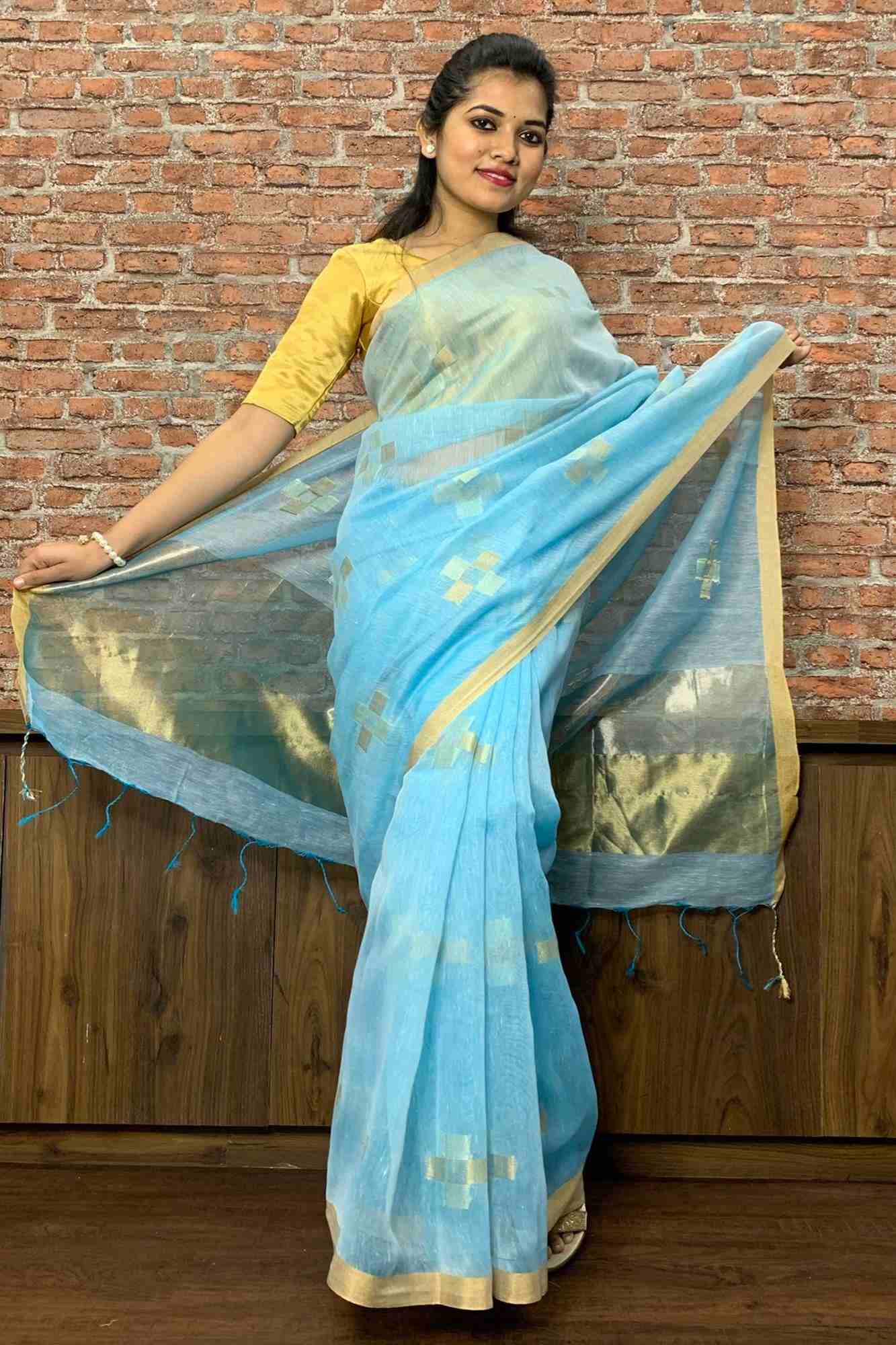 Light Blue Khadi linen with zari butis & zari pallu wrap in 1 minute sari - Isadora Life Online Shopping Store