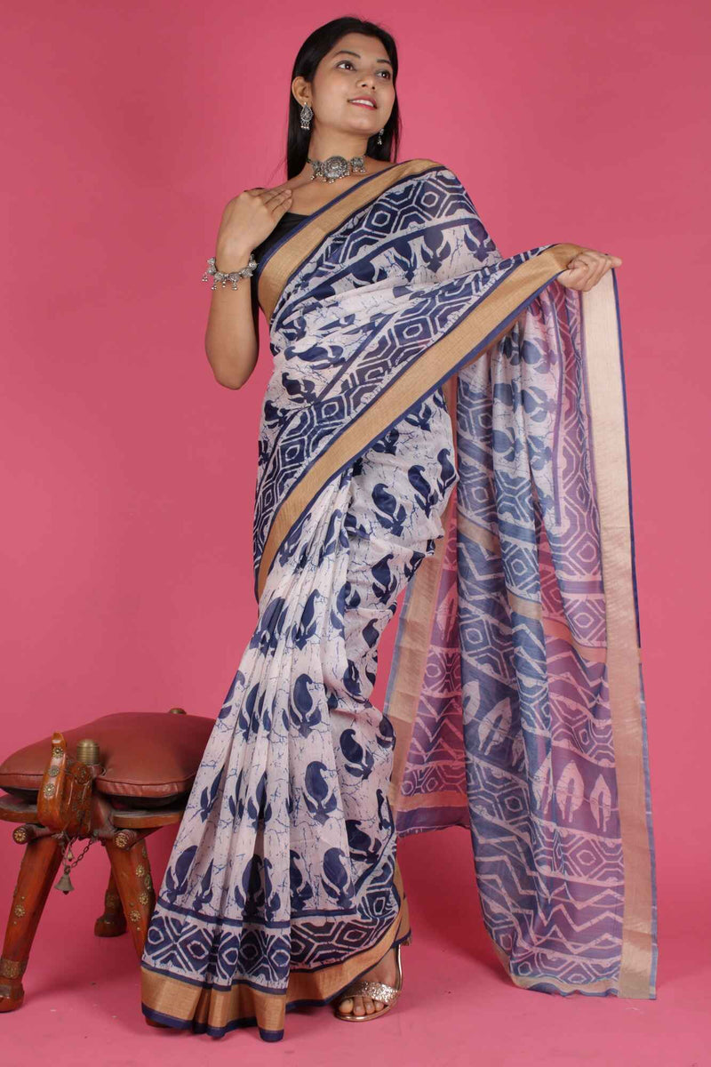 Indigo Chanderi Weaving Golden Border Digital Printed Wrap in 1 Minute Saree With Readymade Blouse - Isadora Life Online Shopping Store