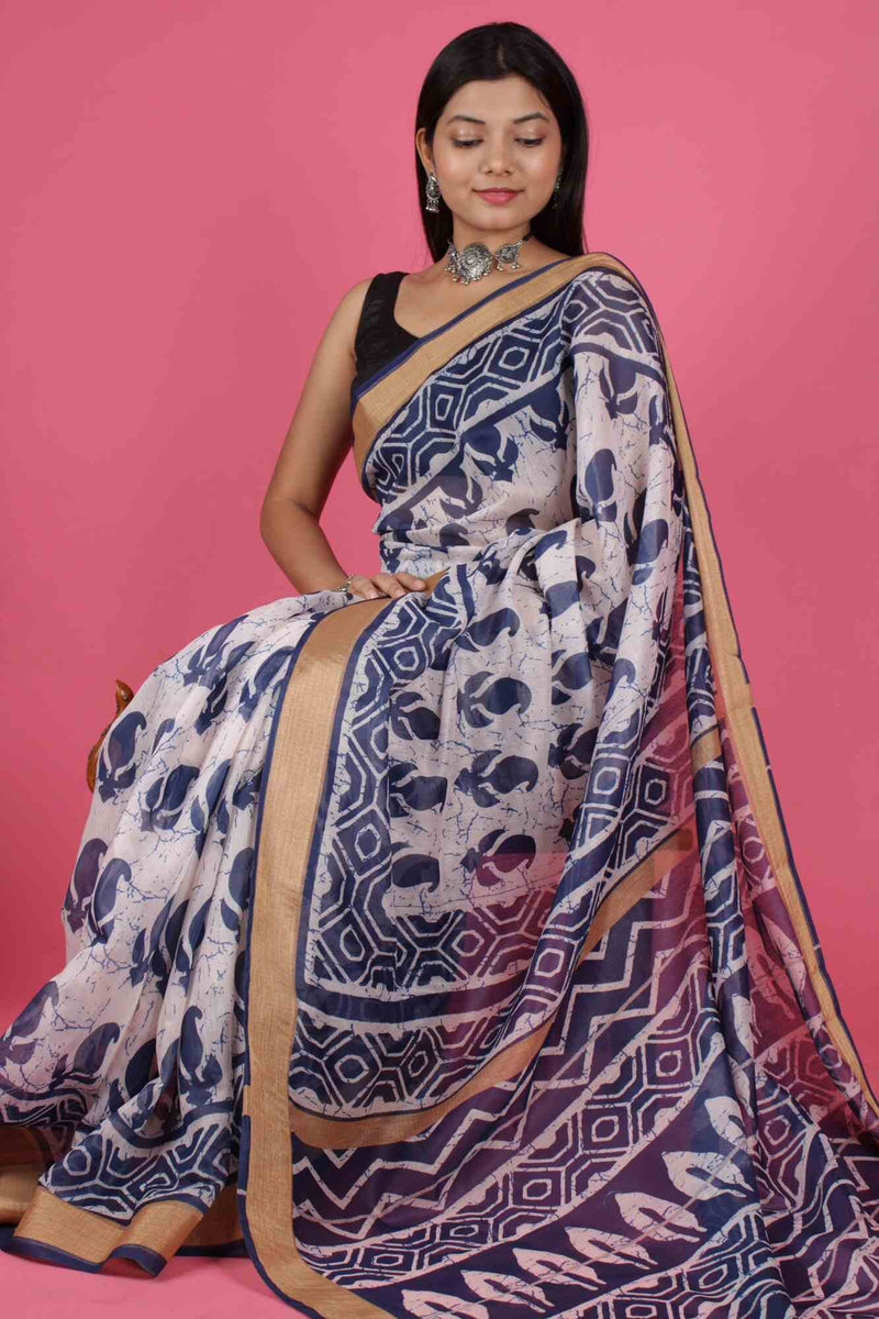 Indigo Chanderi Weaving Golden Border Digital Printed Wrap in 1 Minute Saree With Readymade Blouse - Isadora Life Online Shopping Store