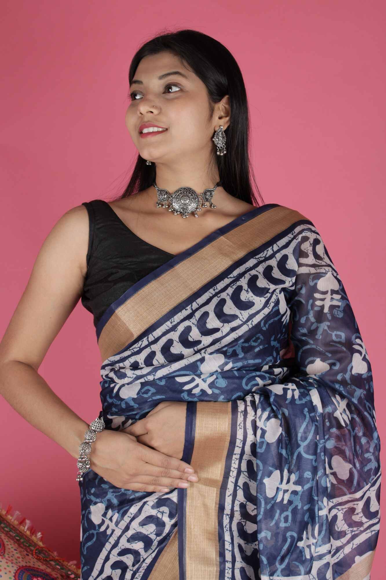 Indigo Chanderi soft cotton With Weaving Golden Border Digital Printed Wrap in 1 Minute Saree With Readymade Blouse - Isadora Life Online Shopping Store