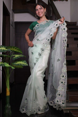 Glamorous Pista Green Organza With Gota Patti Work Border Wrap in 1 Minute Saree With Readymade Blouse - Isadora Life Online Shopping Store