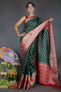 Exquisite Green & Red Zari Booti With Border Wrap in One Minute Saree With Readymade Blouse - Isadora Life Online Shopping Store