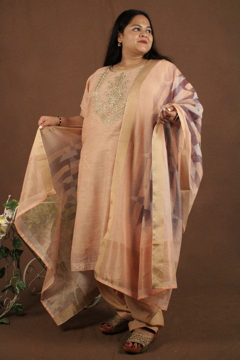 Peach Zari Embroidered Tissue Ready to wear Salwar-Kameez with Dupatta - Isadora Life Online Shopping Store