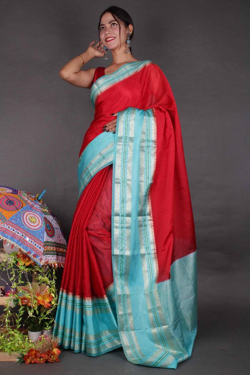 Beautiful Maroon  & Blue with Zari Border  Wrap in One Minute Saree With Readymade Blouse - Isadora Life Online Shopping Store
