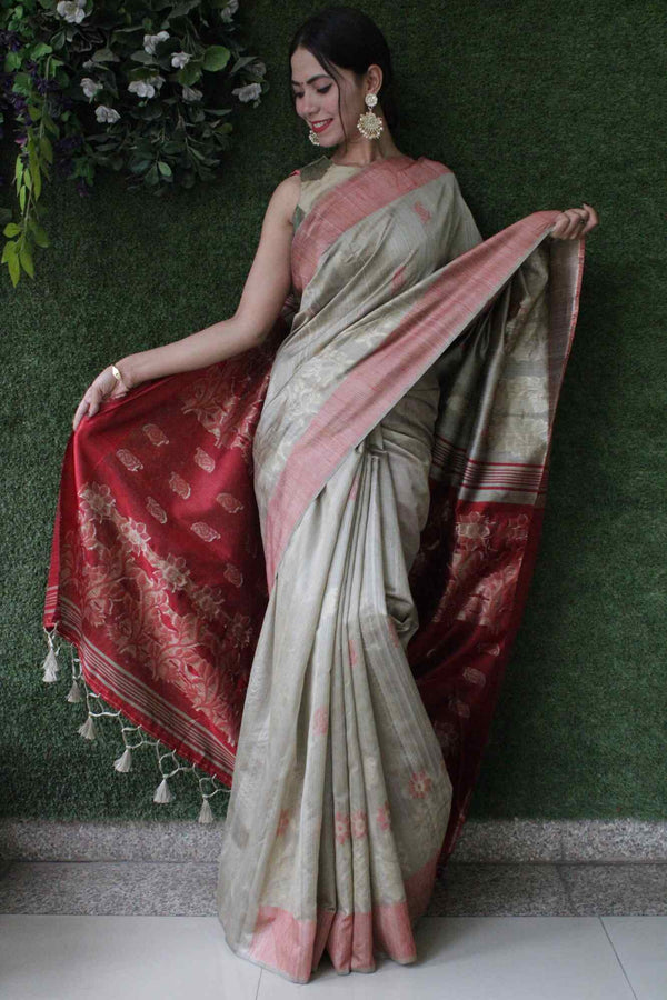 Ravishing Tussar Silk With Weaving Design and Boota One Minute Saree With Readymade Blouse - Isadora Life Online Shopping Store