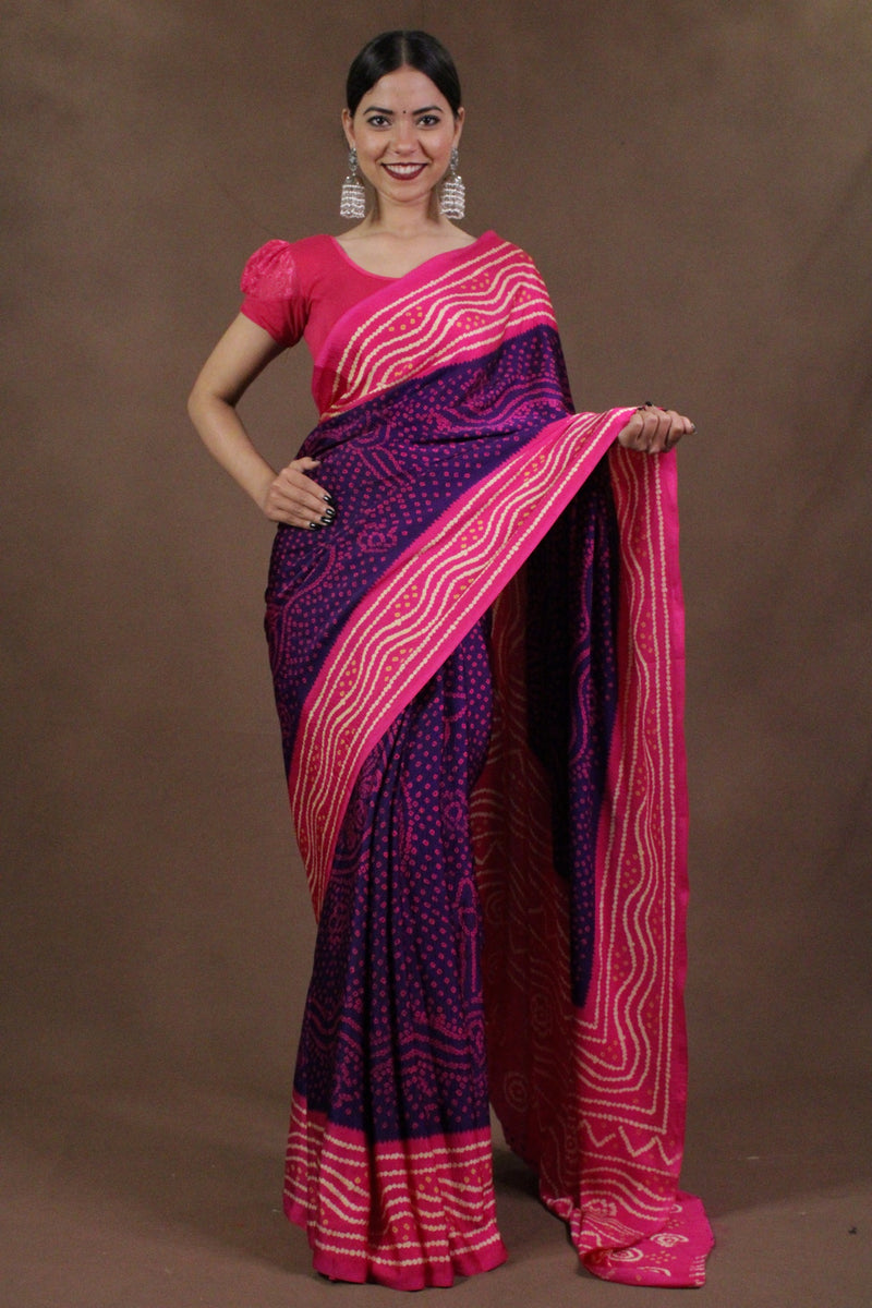 Purple and pink tie and dye bandhej cotton silk wrap in 1 minute saree - Isadora Life Online Shopping Store