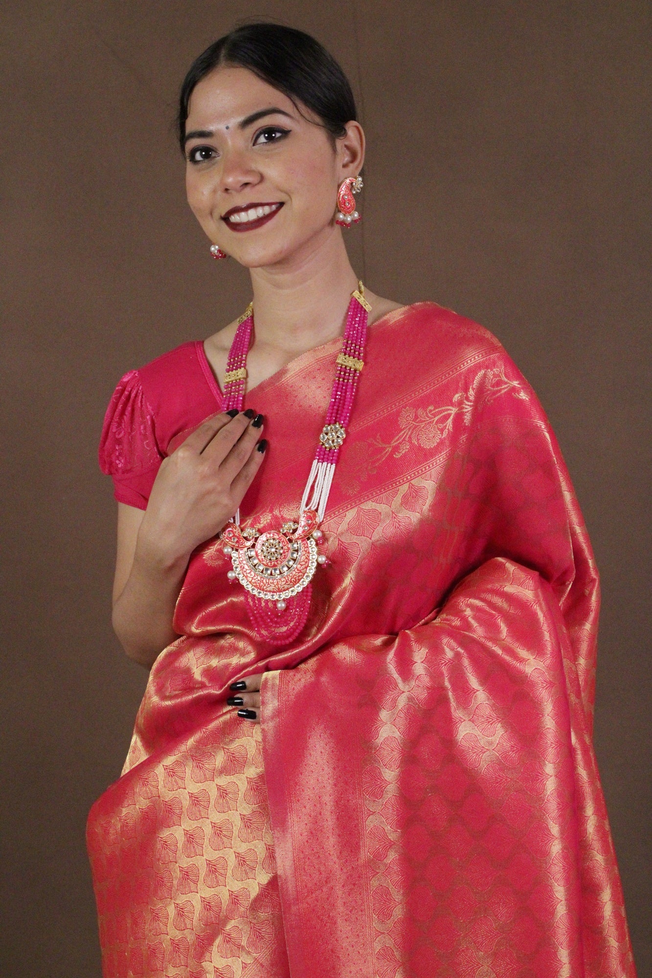 Pink & Gold-Toned Woven Banarasi Wrap in 1 minute saree - Isadora Life Online Shopping Store
