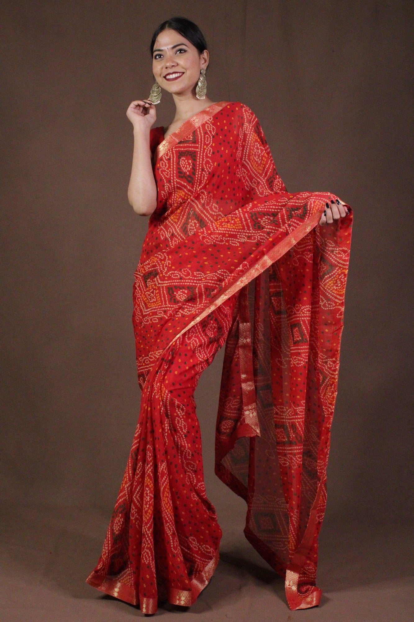 Bandhani Printed Red Georgette Wrap in 1 minute saree - Isadora Life Online Shopping Store