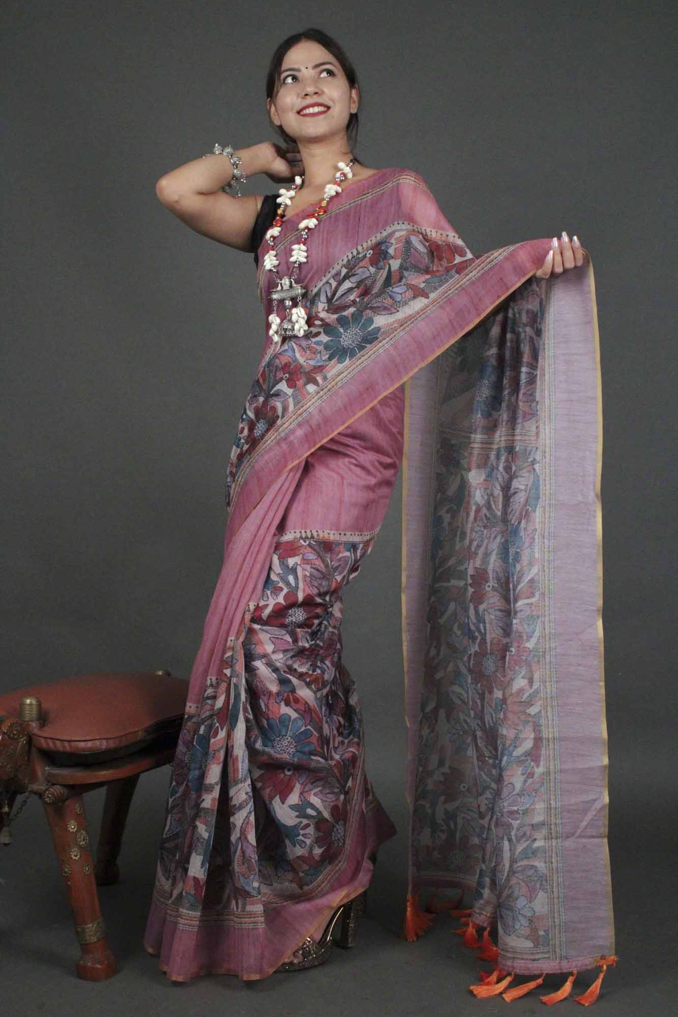 Mauve sophisticated madhubani digital printed Chanderi Cotton  with Tassels Wrap in 1 minute saree - Isadora Life Online Shopping Store