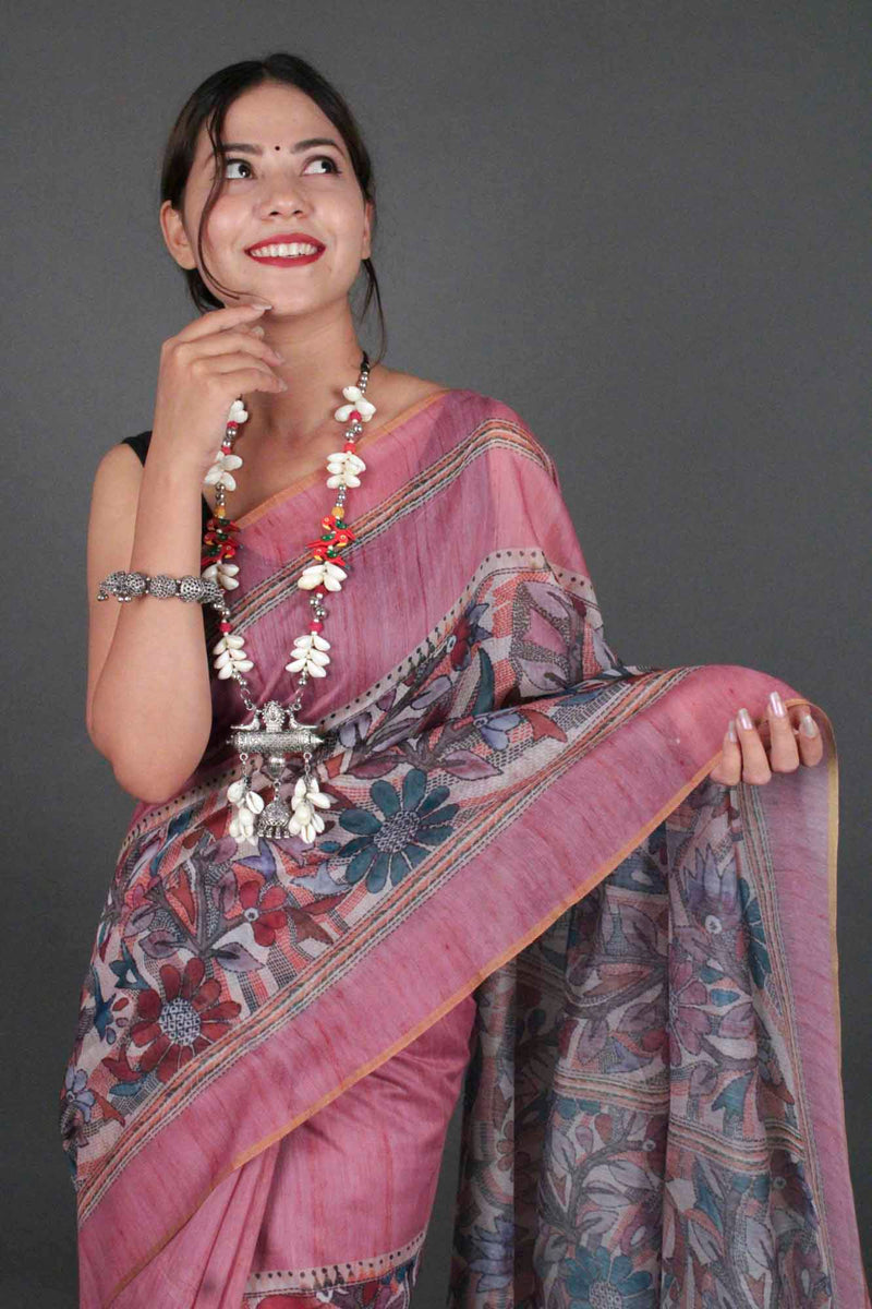 Mauve sophisticated madhubani digital printed Chanderi Cotton  with Tassels Wrap in 1 minute saree - Isadora Life Online Shopping Store